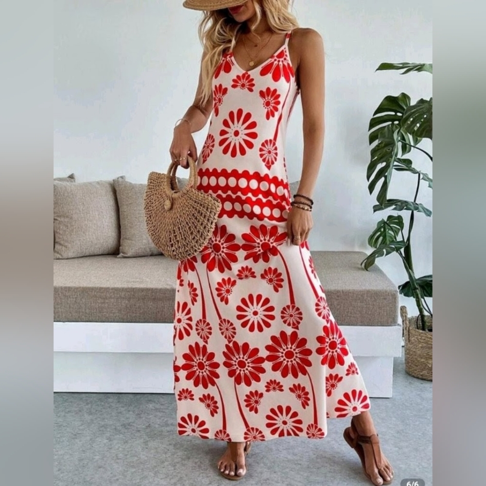 🛍️ BUNDLE ONLY 🛍️NWT SHEIN Cream and Brick Red Floral Boho Maxi Dress